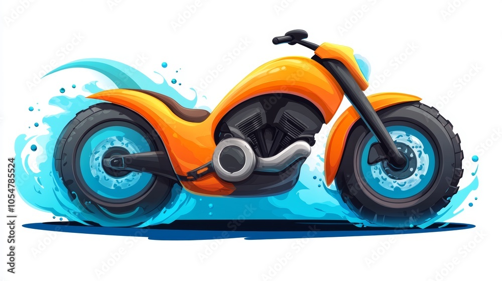 Orange Motorcycle with Blue Water Splash Cartoon Illustration