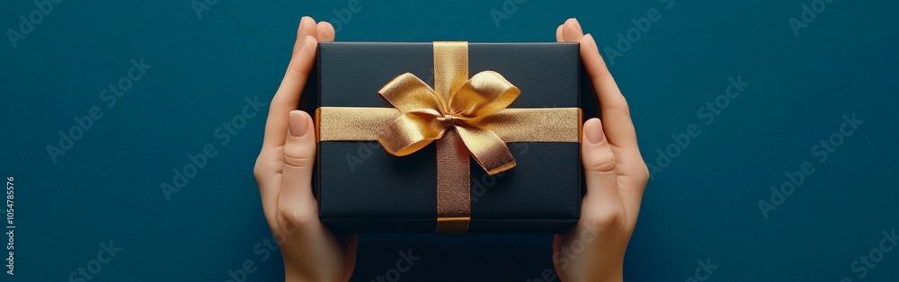 Gift box in female hands on blue background, minimal style Gift box in female hands on blue background, minimal style