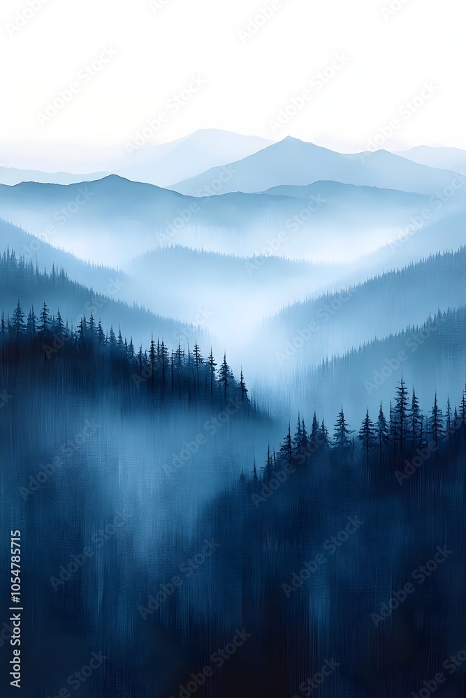 A serene landscape featuring layers of misty blue mountains and dark evergreen forests, creating a tranquil atmosphere that evokes a sense of peace and solitude. A serene landscape featuring layers of misty blue mountains and dark evergreen forests, creating a tranquil atmosphere that evokes a sense of peace and solitude.