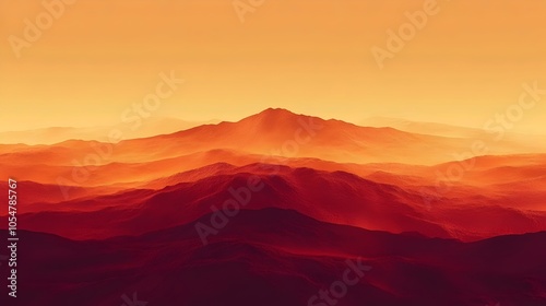 A breathtaking view of layered mountains under a warm orange sky, creating a serene yet dramatic landscape. The depth and contours evoke a sense of tranquility and wonder.