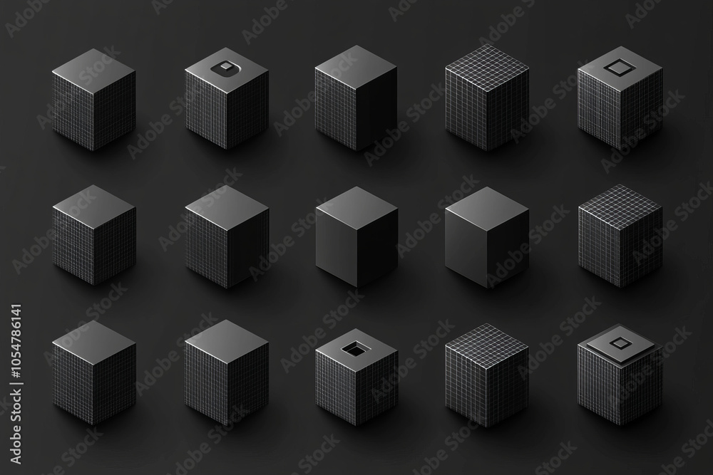 Black Cubes in Abstract 3D Composition with Texture and Grid Patterns Black Cubes in Abstract 3D Composition with Texture and Grid Patterns