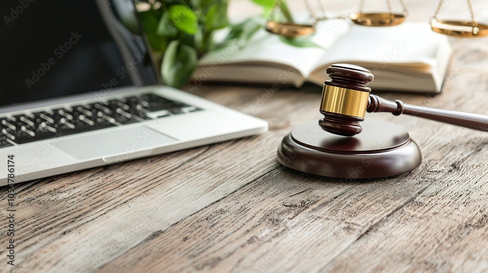Law Office Desk with Laptop and Judge Gavel Depicting Legal Work Environment : Generative AI Law Office Desk with Laptop and Judge Gavel Depicting Legal Work Environment : Generative AI