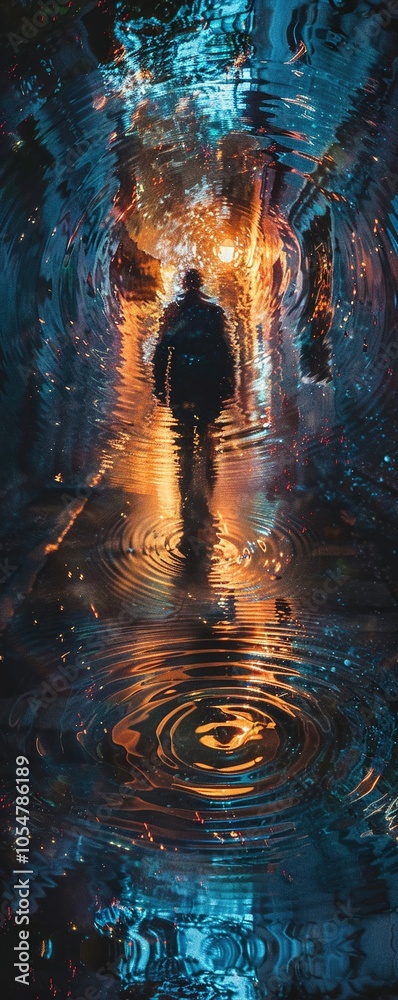 Obraz premium A mysterious figure in a dark alley, surrounded by shimmering portals to alternate dimensions The individual raises their arms, creating ripples of distorted reality Scene