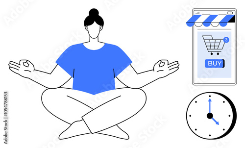 A person sitting cross-legged in a meditative pose, next to a smartphone displaying a shopping cart and a clock. Ideal for wellness, mindfulness, online shopping, time management, relaxation