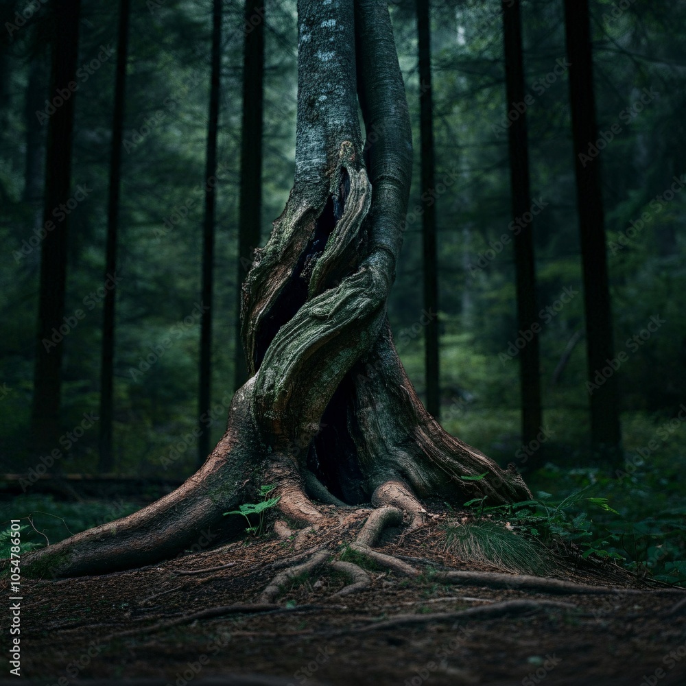 Ancient tree with twisted roots and a glowing aura in a dense forest Ancient tree with twisted roots and a glowing aura in a dense forest