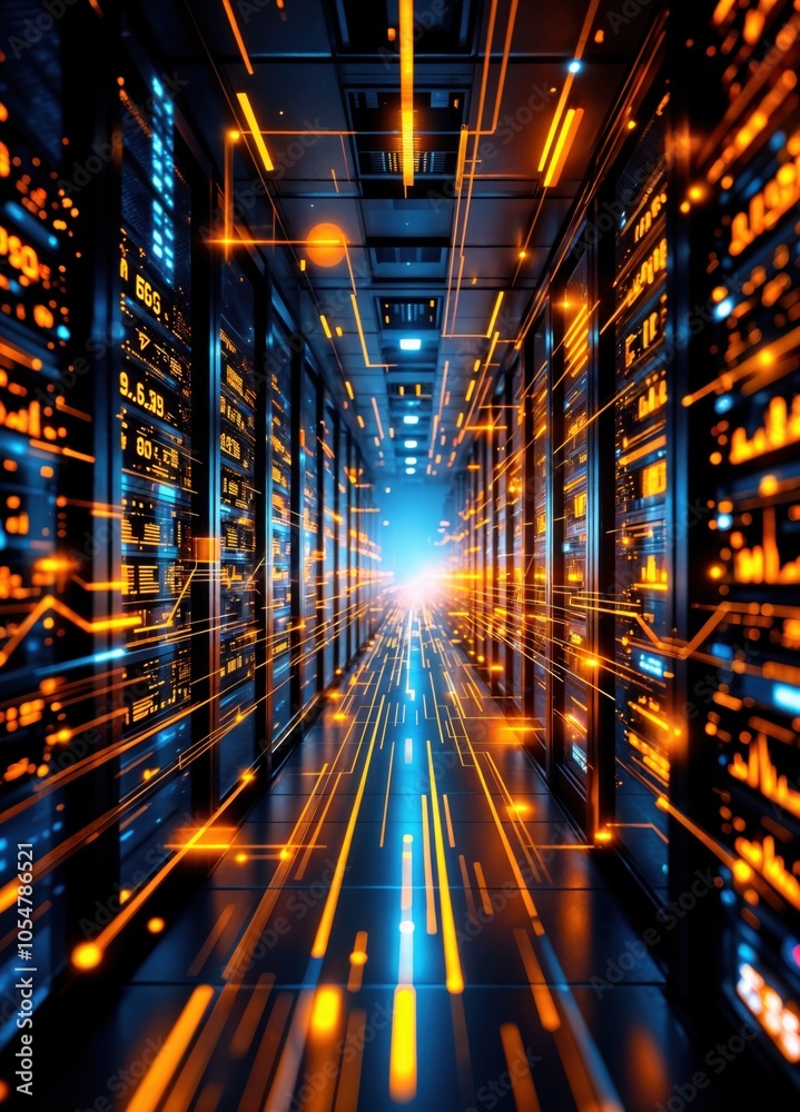 Futuristic Data Center with Digital Overlay Futuristic Data Center with Digital Overlay