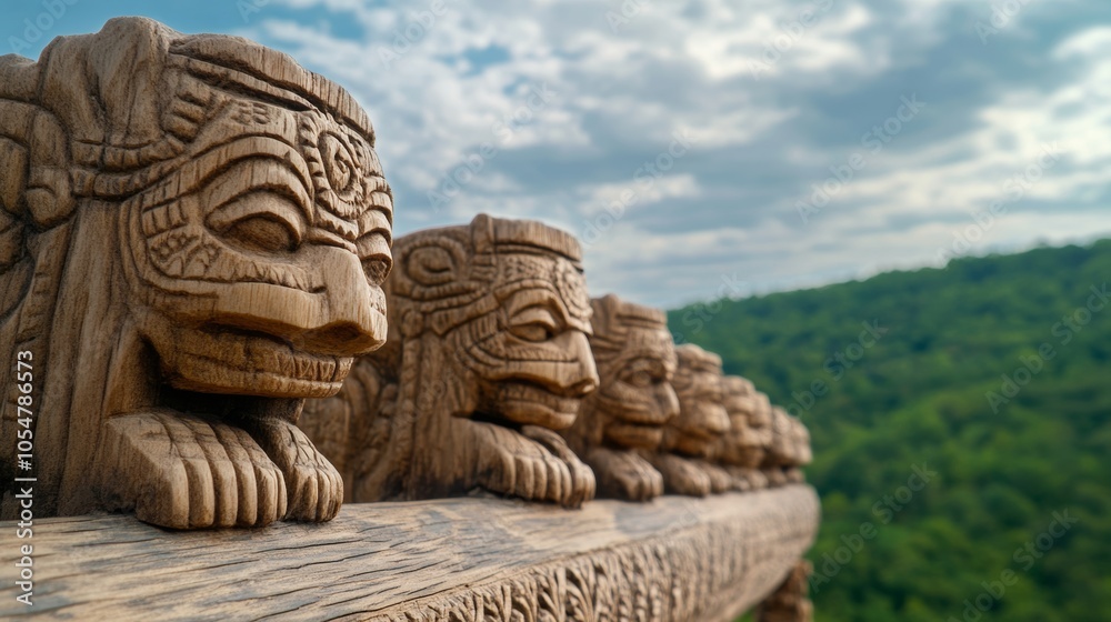 Wooden Carvings of Mythical Creatures on a Railing with a Mountain View Wooden Carvings of Mythical Creatures on a Railing with a Mountain View