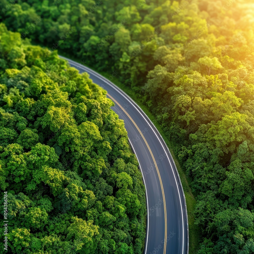 Aerial view of a winding road surrounded by lush green trees at sunset. Aerial view of a winding road surrounded by lush green trees at sunset.