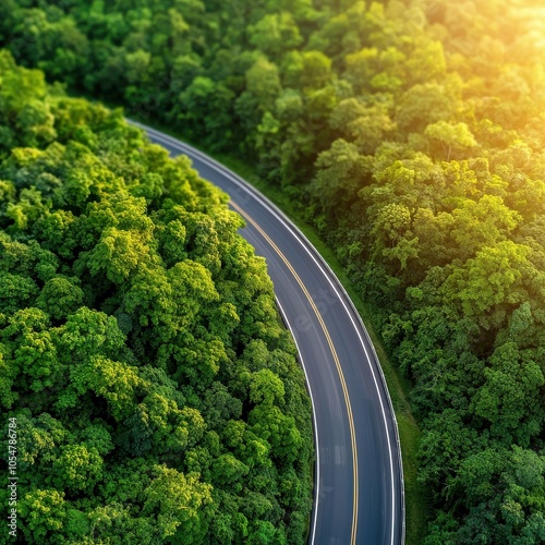 Aerial view of a winding road surrounded by lush green trees at sunset.