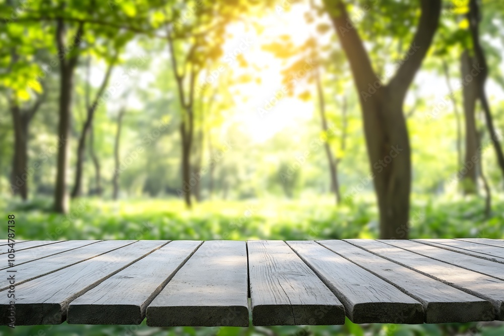 Empty wooden table deck with blurred green forest background : Generative AI Empty wooden table deck with blurred green forest background : Generative AI