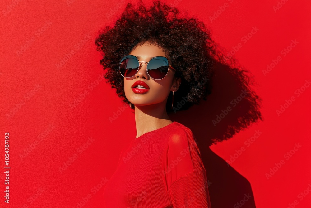 Stylish Woman Posing Against Vibrant Red Wall Stylish Woman Posing Against Vibrant Red Wall