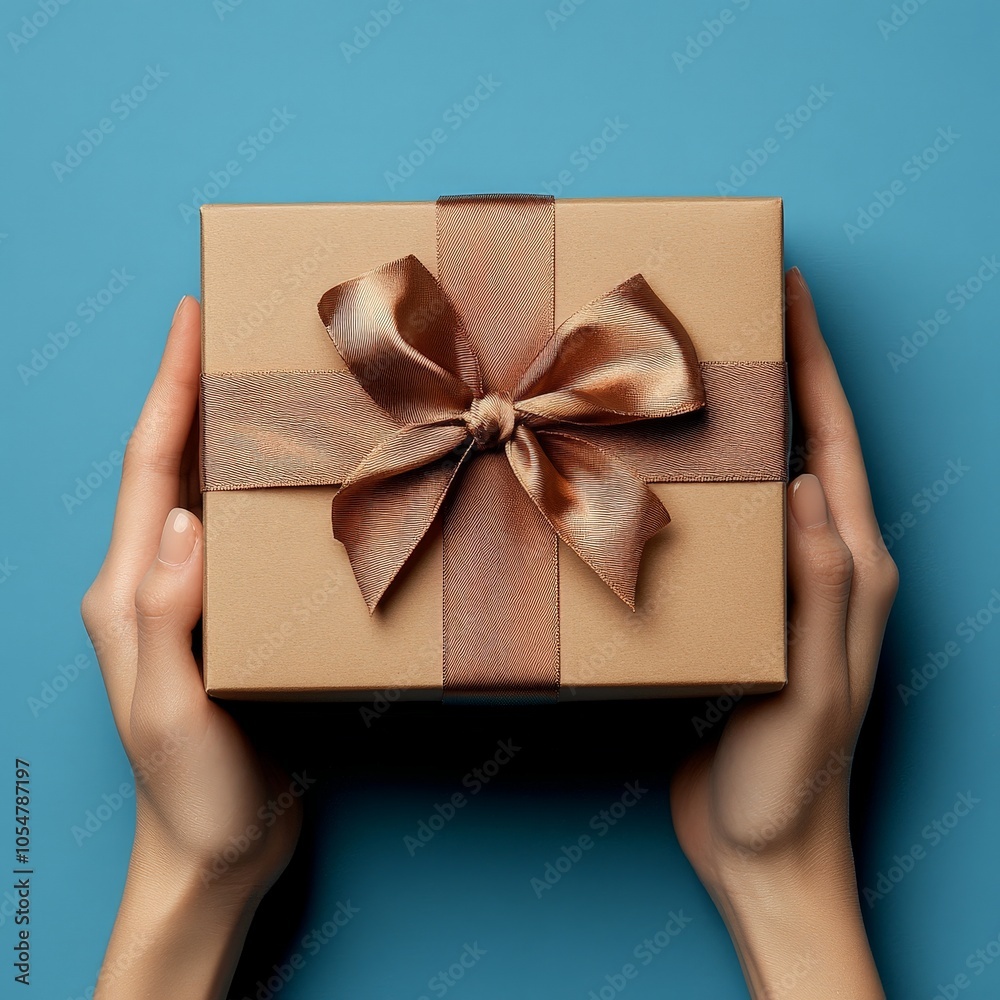 Gift Box in Hands on Blue Background for Holiday Promotions Gift Box in Hands on Blue Background for Holiday Promotions