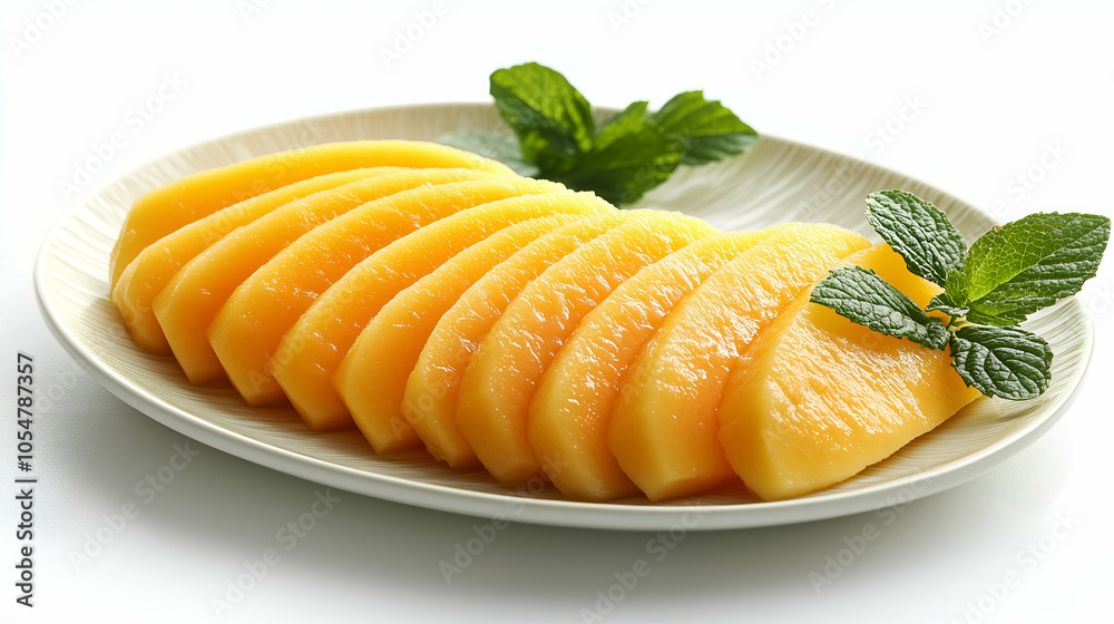 Freshly Sliced Ripe Mango on Plate with Mint Leaves - Juicy ripe mango slices neatly arranged on a plate, complemented by fresh mint leaves. Freshly Sliced Ripe Mango on Plate with Mint Leaves - Juicy ripe mango slices neatly arranged on a plate, complemented by fresh mint leaves.