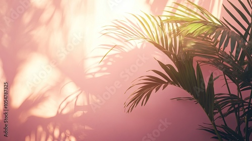 Palm leaves on pink wall with sunlight. Perfect for summer vibes, vacation, and tropical designs.