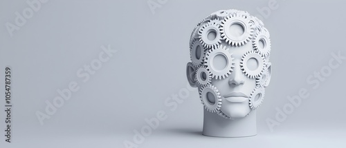 Abstract 3D head design symbolizing disciplined decision making and goal oriented cognitive processing  Mechanical gears and minimalistic background represent the strategic