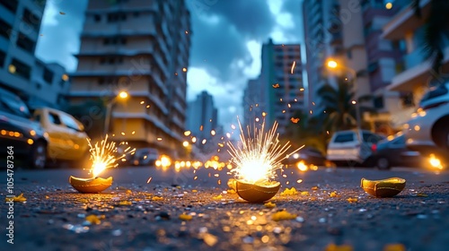 Firecrackers Sparkle on Urban Street at Dusk