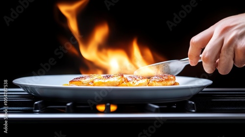 Flamb ed Dessert on a Plate with Flame and Hand Holding a Spoon photo