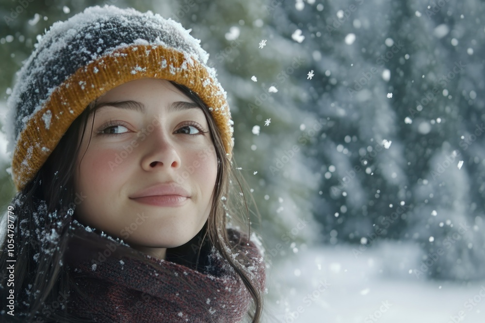 Young Woman Smiling in Snowy Winter Scene Young Woman Smiling in Snowy Winter Scene