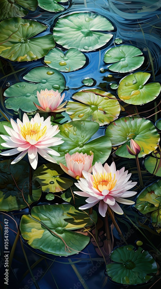 Water lilies bloom in a pond, their delicate pink petals contrasting with the vibrant green lily pads. Water lilies bloom in a pond, their delicate pink petals contrasting with the vibrant green lily pads.