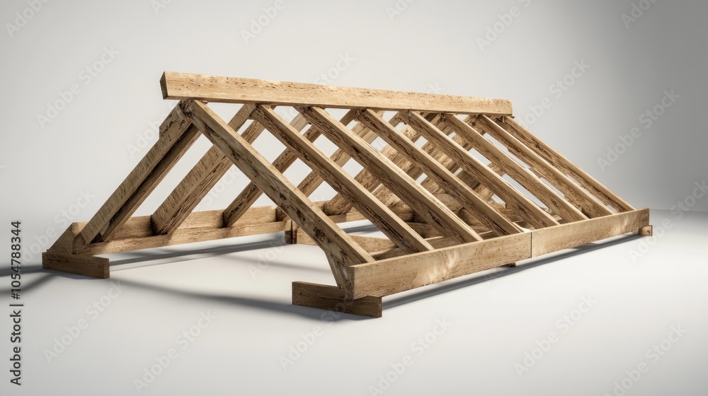 A wooden roof truss structure designed for building construction. A wooden roof truss structure designed for building construction.
