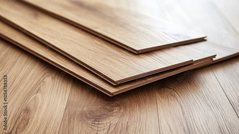 Close-up of wooden flooring planks stacked on a wooden surface, showcasing texture and design.