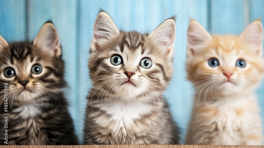 Three Cute Kittens with Varied Fur Colors Sitting Against a Charming Blue Wooden Background for Cuddly Animal Theme : Generative AI Three Cute Kittens with Varied Fur Colors Sitting Against a Charming Blue Wooden Background for Cuddly Animal Theme : Generative AI