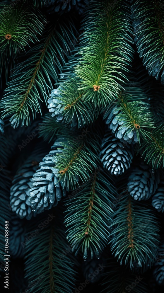 Close-up of pine tree branches with green needles and blue-grey cones. Close-up of pine tree branches with green needles and blue-grey cones.