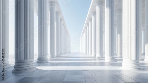 A serene corridor of white columns leading to a bright horizon, evoking tranquility.