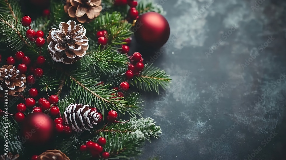 Fototapeta premium Rustic Christmas Garland with Red Baubles and Pinecones on Stone Texture Background : Generative AI