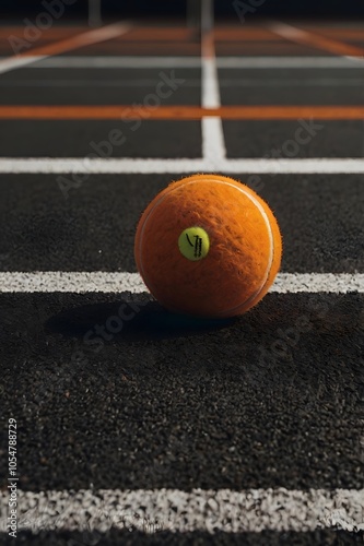  A vibrant yellow tennis ball rolls on the smooth blue hard court, contrasting sharply with the white lines and net in the background.