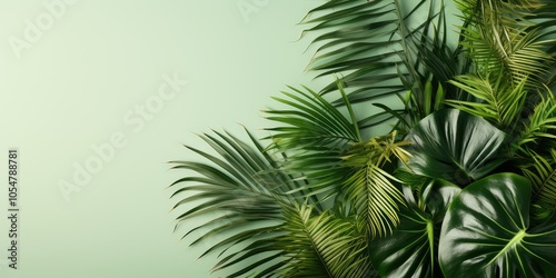 Lush tropical leaves on a light green background.