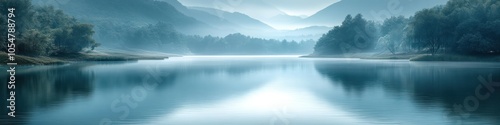 Serene landscape with misty mountains and calm water reflection.