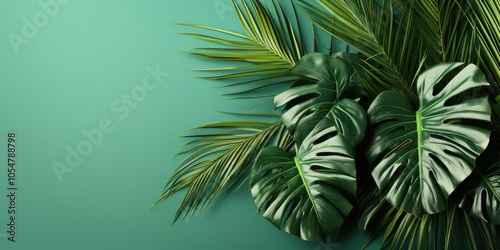 Lush green tropical leaves arranged against a light green background, perfect for a summery and refreshing design.