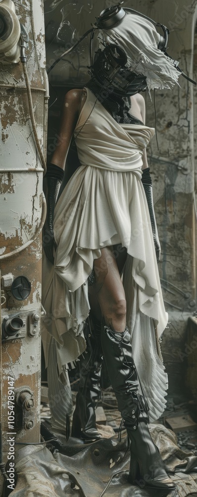 Capture the clash of high fashion and gritty dystopia through a wide-angle lens, revealing futuristic fabrics in dystopian environments Capture the clash of high fashion and gritty dystopia through a wide-angle lens, revealing futuristic fabrics in dystopian environments