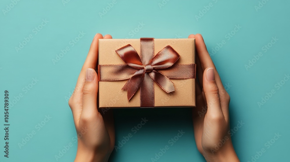 Gift Box in Hands on Blue Background for Holiday Promotions Gift Box in Hands on Blue Background for Holiday Promotions