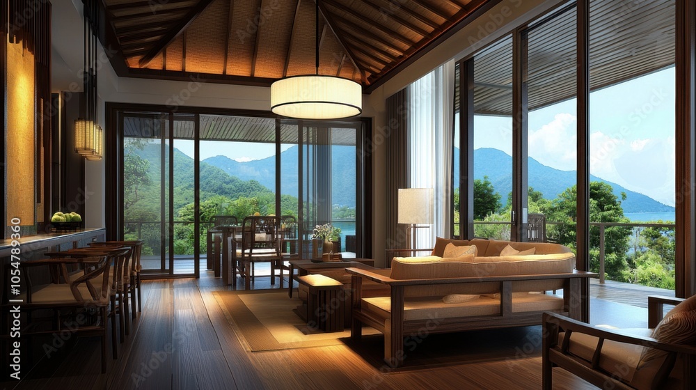 Luxurious Seaside Living Room Interior with Floor-to-Ceiling Windows Luxurious Seaside Living Room Interior with Floor-to-Ceiling Windows