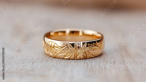 Elegant gold wedding ring with floral engraving and diamond accent photo