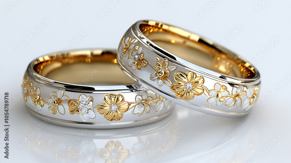 Elegant floral wedding rings with whimsical design and gold accents Elegant floral wedding rings with whimsical design and gold accents