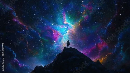 A lone figure stands on a mountaintop, gazing up at a breathtakingly vibrant nebula in the night sky. photo