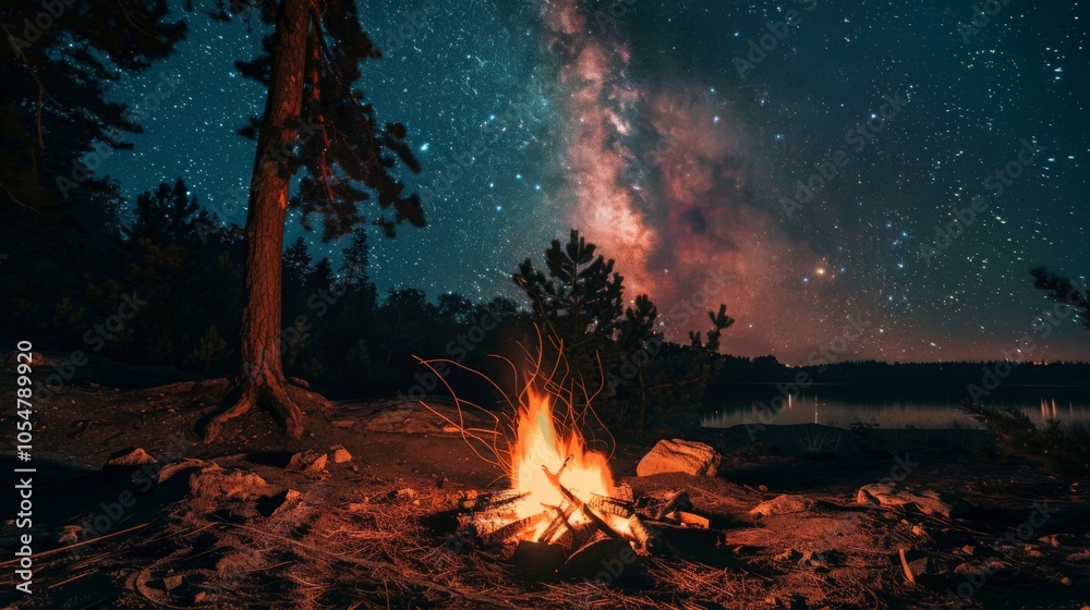 Naklejka premium A campfire crackling under a starry night sky in the wilderness