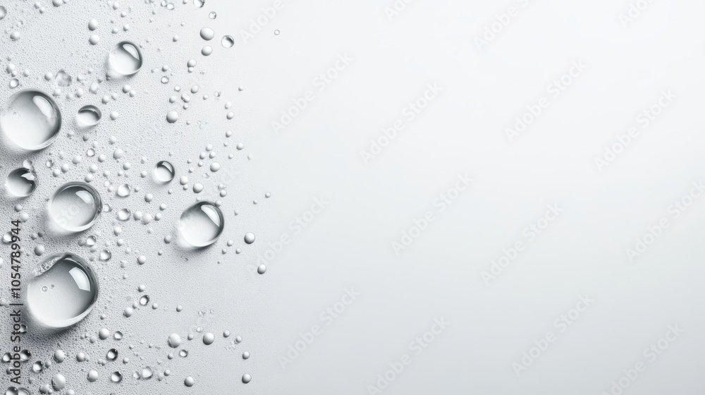 Crystal clear water drops on white background, a stunning macro photography image for websites, presentations, and design