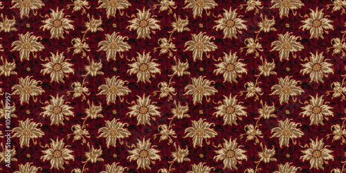 Seamless Pattern Texture Background: A close-up, top-down view of a hotel carpet in a rich burgundy color, featuring a classic floral pattern with gold accents