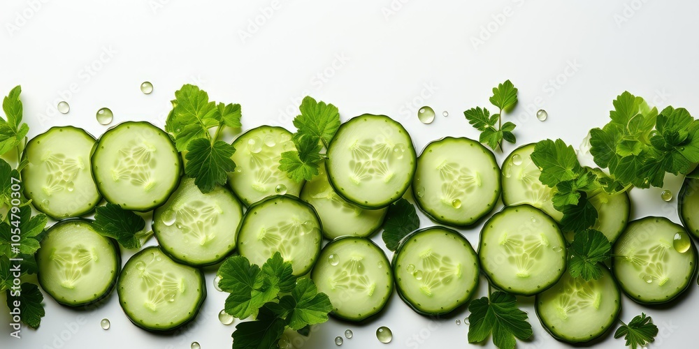 Fresh cucumber slices arranged with green leaves on a white background. Fresh cucumber slices arranged with green leaves on a white background.