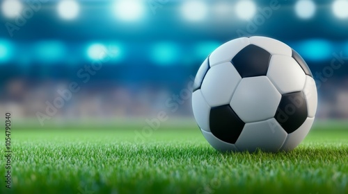 Soccer ball on vibrant green grass in a stadium, ready for the big game soccer