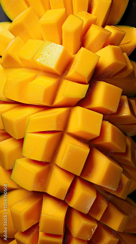 Close-up of a diced mango, revealing its vibrant yellow flesh and juicy texture. Close-up of a diced mango, revealing its vibrant yellow flesh and juicy texture.