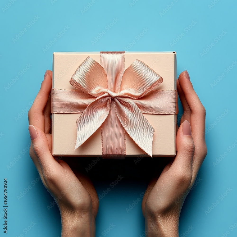 Gift Box in Hands on Blue Background for Holiday Promotions Gift Box in Hands on Blue Background for Holiday Promotions
