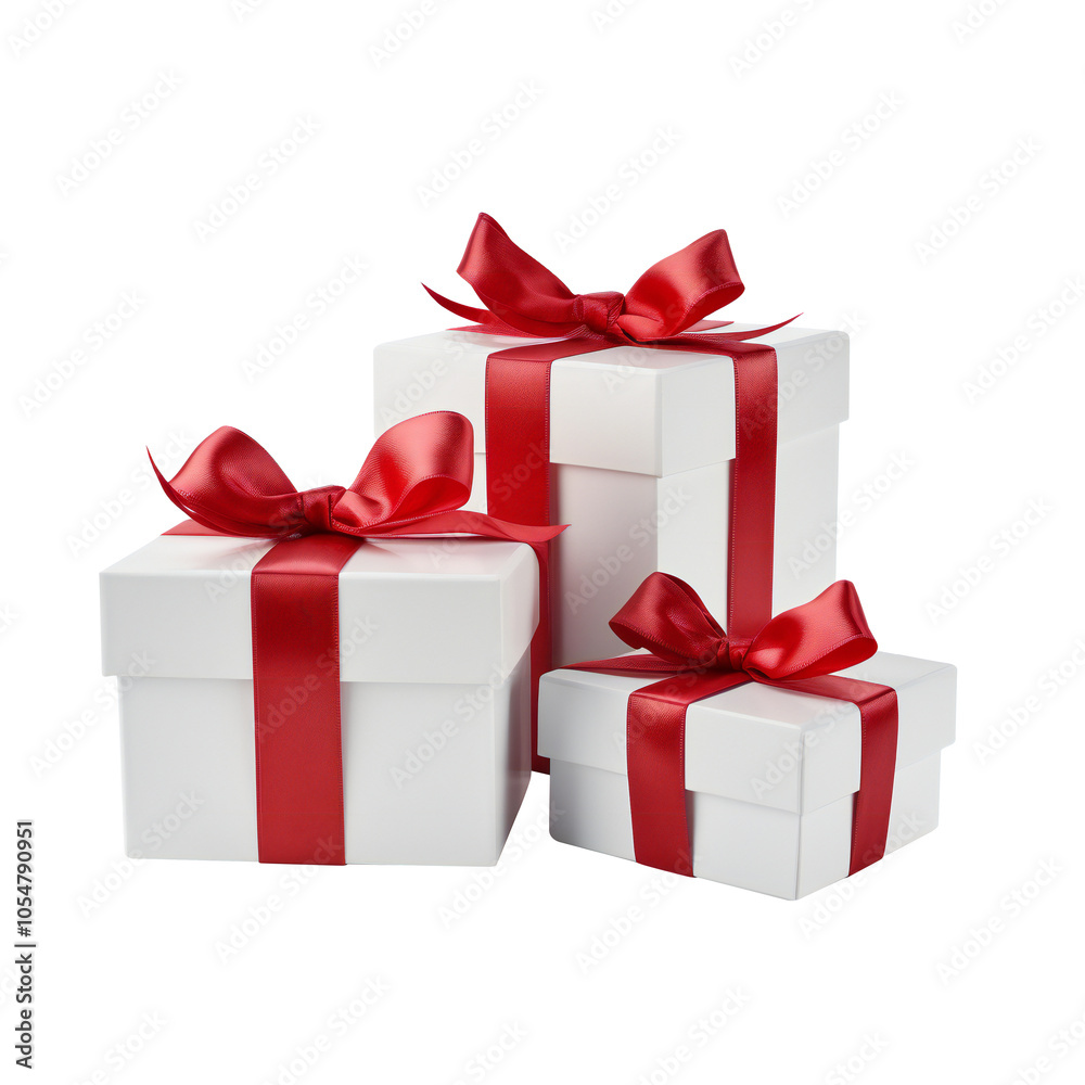 Obraz premium Elegant White Gift Boxes with Red Ribbon for Christmas, Anniversaries, and Special Occasions PNG Icon on transparent background
