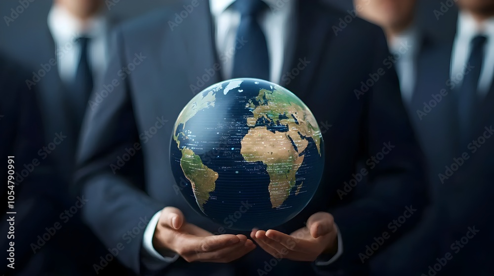 A group of professional business people surrounding a 3D holographic image of the Earth examining and analyzing global investment data and financial trends on a futuristic digital interface A group of professional business people surrounding a 3D holographic image of the Earth examining and analyzing global investment data and financial trends on a futuristic digital interface