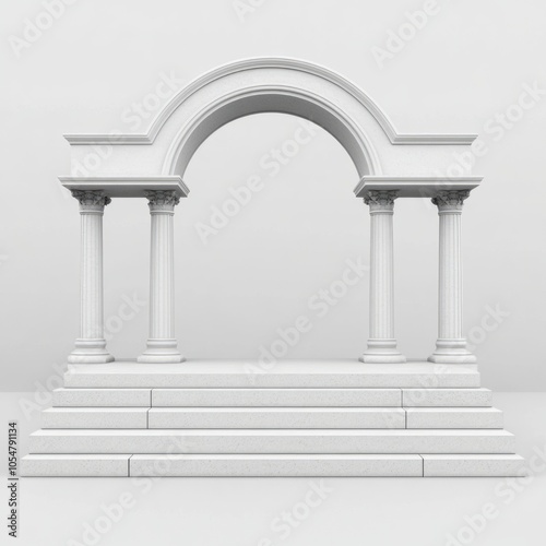 A classical architectural structure with an arch and columns on a pedestal.