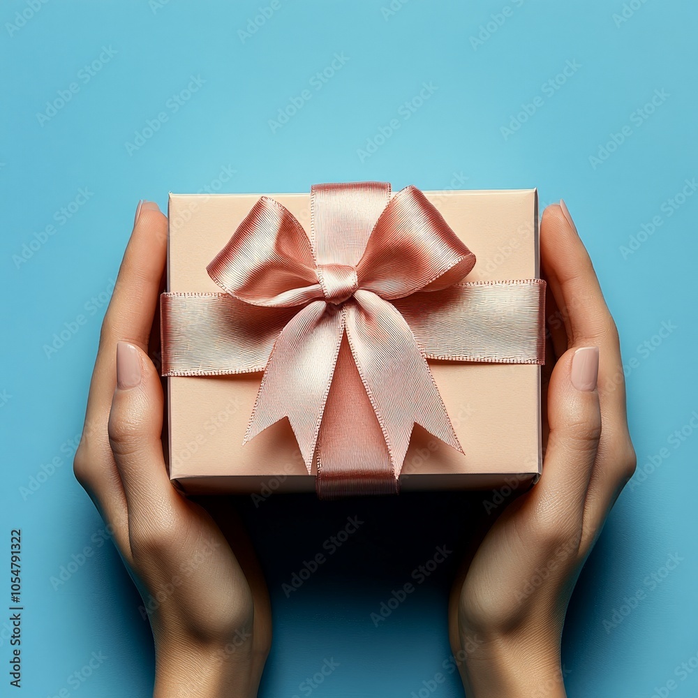 Gift Box in Hands on Blue Background for Holiday Promotions Gift Box in Hands on Blue Background for Holiday Promotions